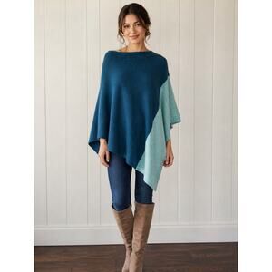 Forte Women's Colorblocked Asymetrical 100% Cashmere Poncho Aqua One Size